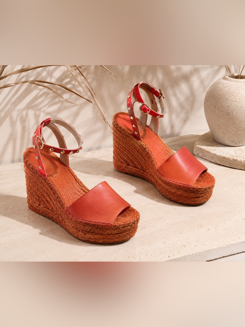 👡 Kate Spade New York Frenchy Studded Coral Leather Wedge Espadrilles Size 6.5
